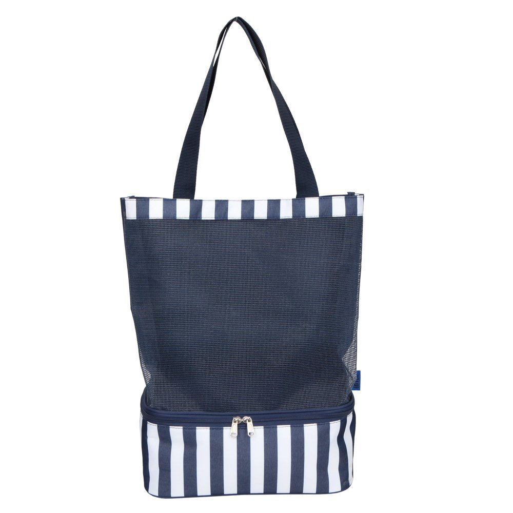 Beach Bag Mesh Beach Cooler Tote Bag Navy Stripe Insulated Lunch Bag 2 Compartments Zip Closure Picnic Cooler Bag