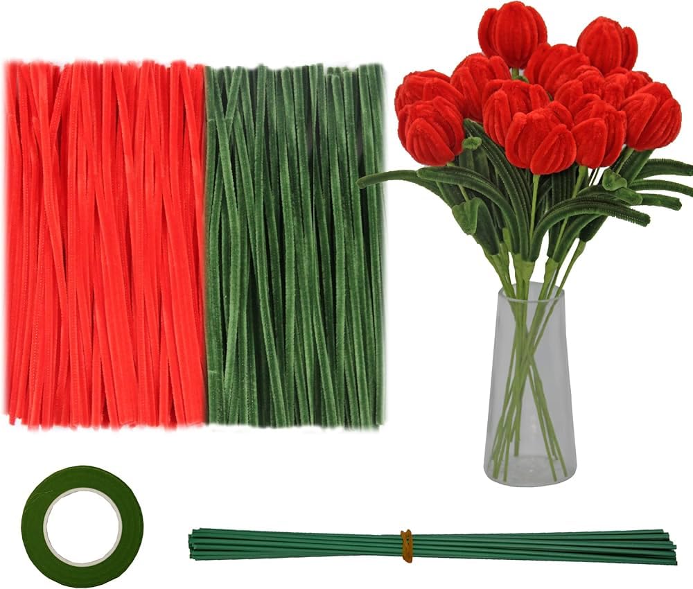 Pandeji 251pc Pipe Cleaners Flower Making Kit, Arts and Craft Supplies, Pipe Cleaners Chenille Stem with Green Wire & Floral Tape (100pc Red, 100pc Green, 25pc Yellow) 3
