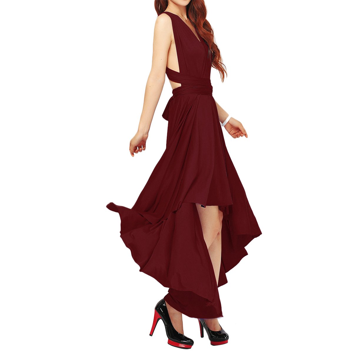 IWEMEKWomen Transformer Hi Low Evening Long Prom Dress Halter Convertible Multi Way Spaghetti Strap Wedding Cocktail Maxi Gown