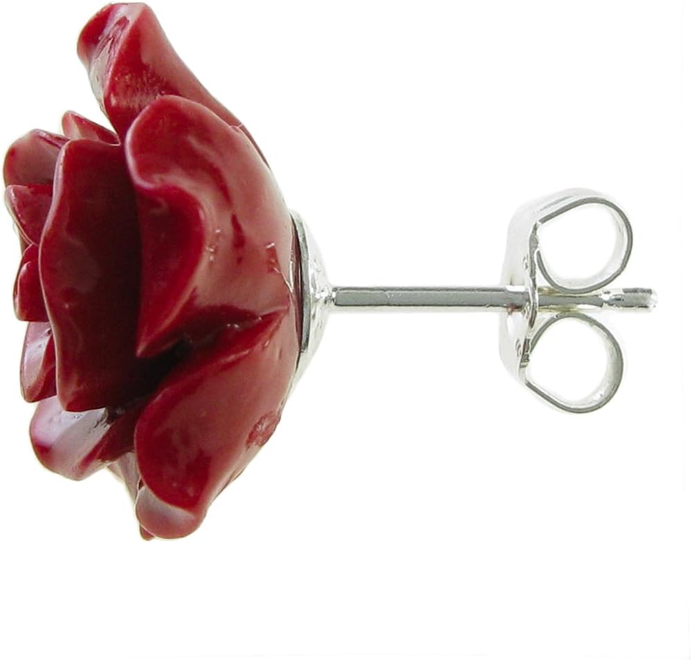 Sterling Silver Simulated Coral Rose Earrings Stud Post 15mm
