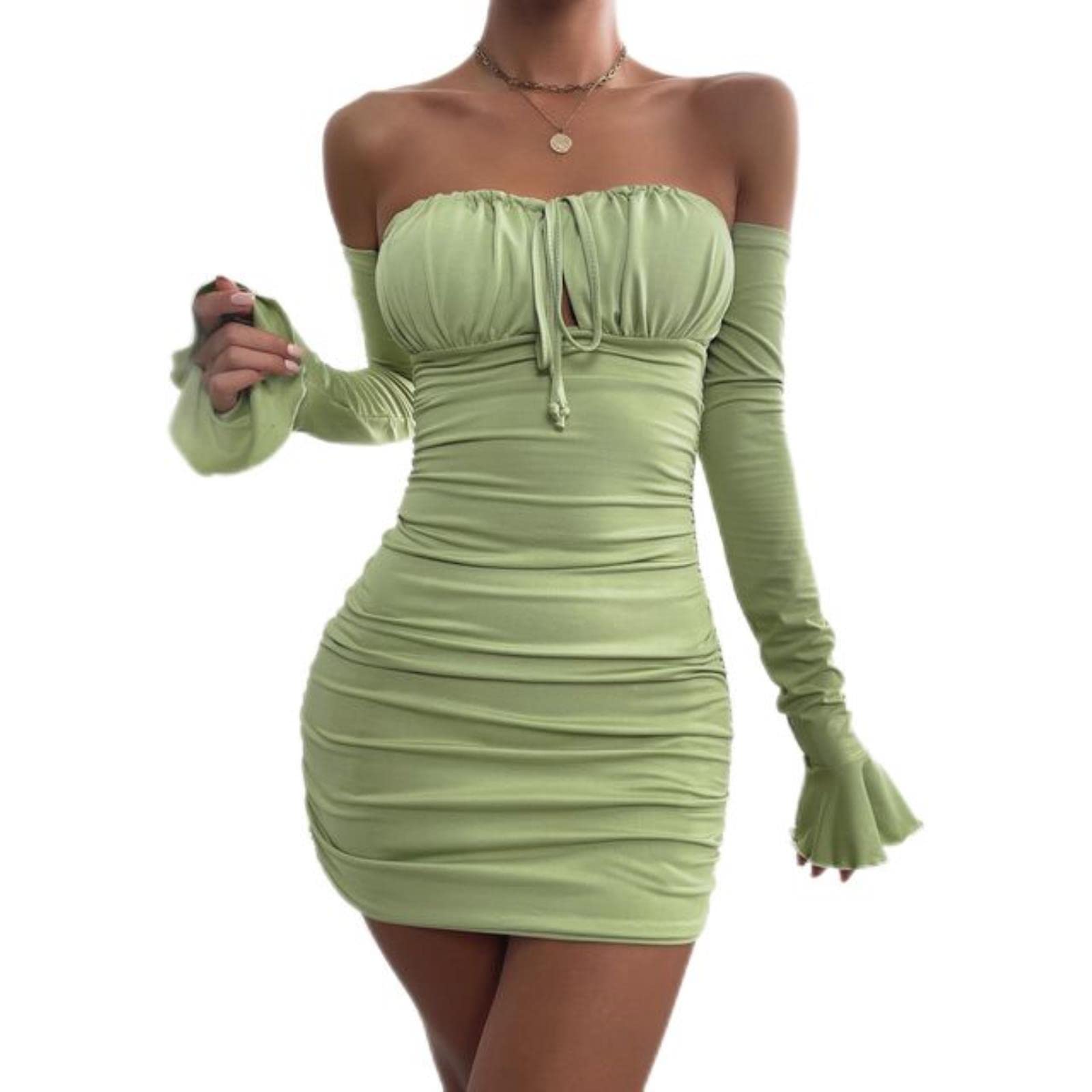 WEITING Sexy Off Shoulder Strapless Mini Dress with Sleeves for Women  Fashion Backless Ruched Thin Clubwear Dress, Bean Paste Green : Amazon.de:  Fashion