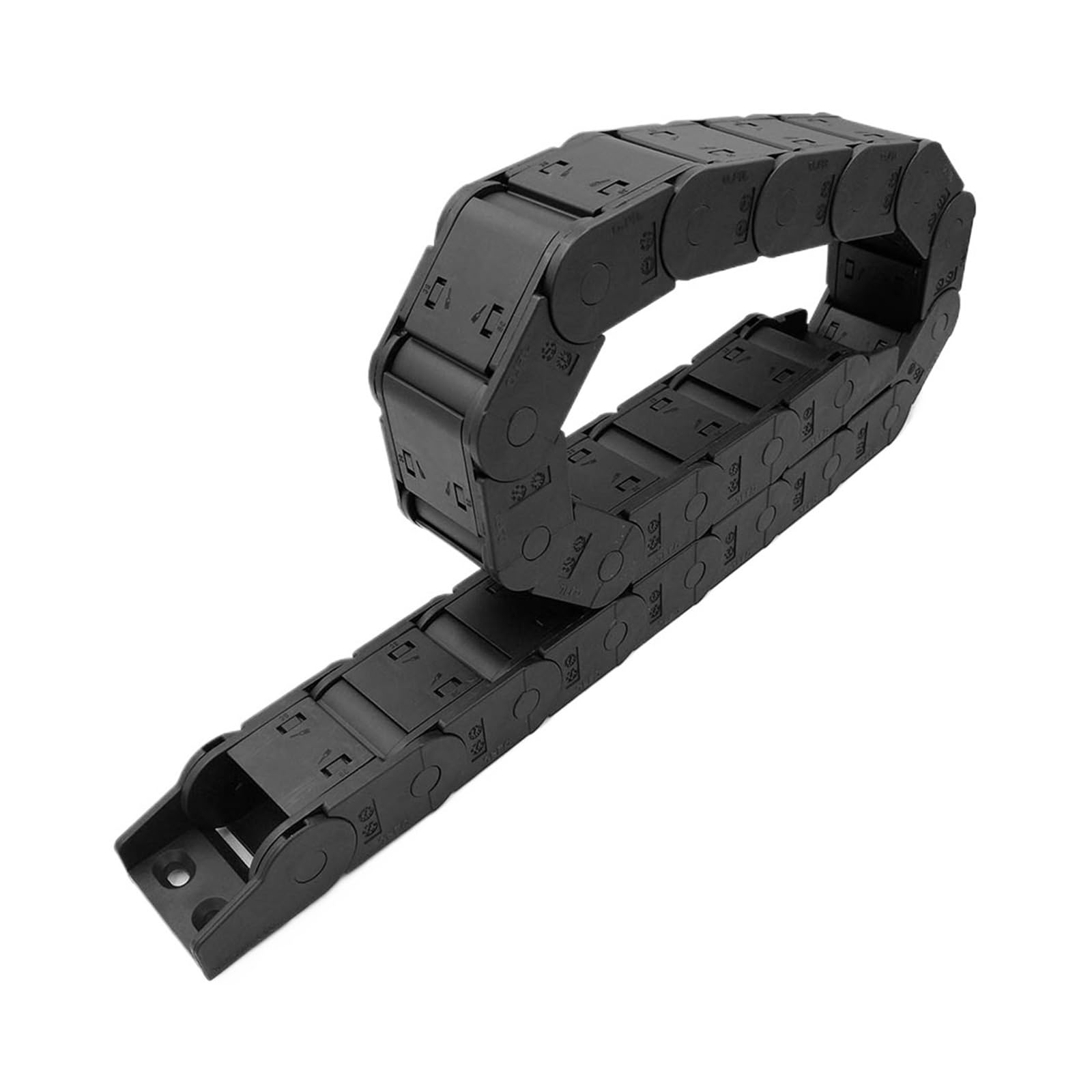 Cable transportador de cadena de arrastre de plástico de 25 x 38 mm y 1 metro, cerrado y abierto por ambos lados con conectores en los extremos.(R250)
