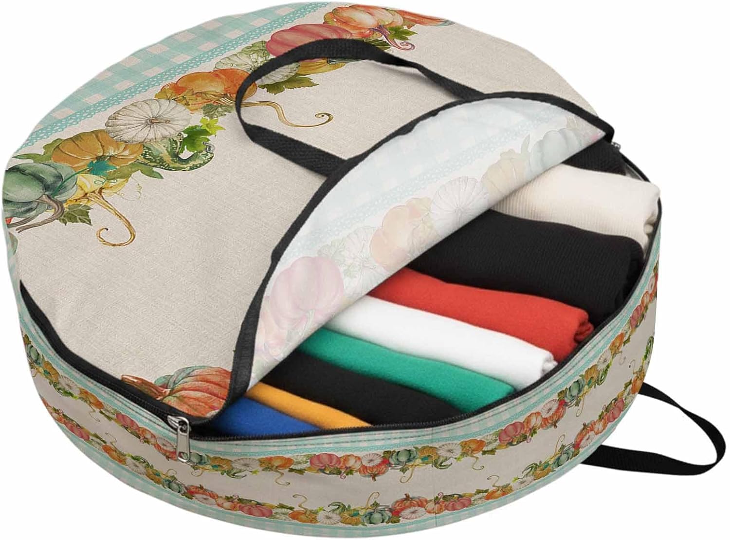 Thanksgiving Fall Round Storage Bag 36 Inch, Pumpkin Green Lattice Clothes Storage Container with Handles Heavy Duty Organizer for Comforter, Bedding & Holiday Wreaths