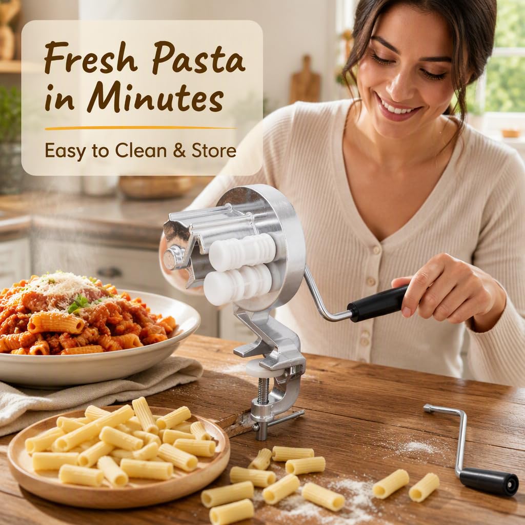Prensa manual para pasta, extrusora de fideos manual de acero inoxidable plateado con manivela para uso en cocinas y restaurantes.