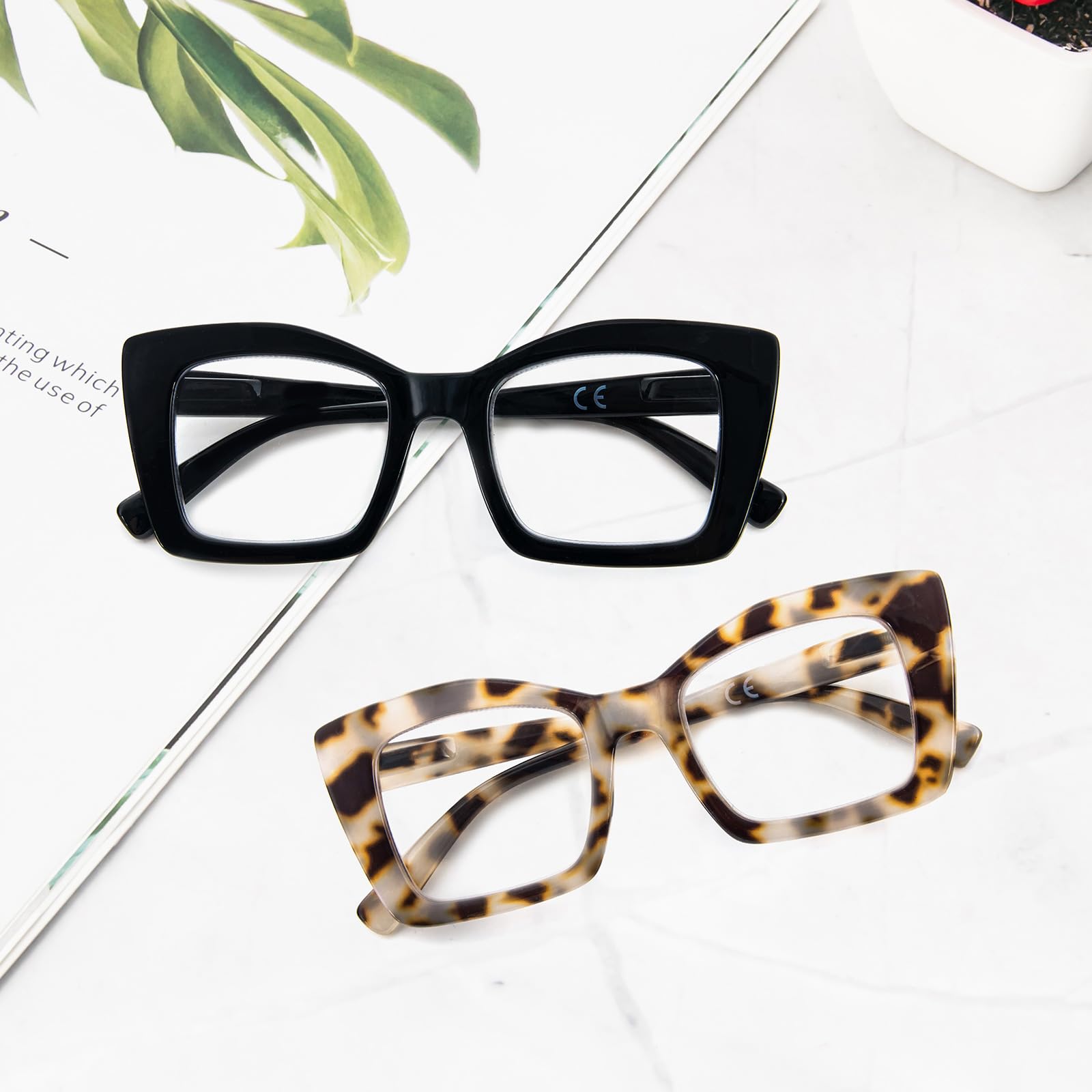 MMOWW Paquete de 2 gafas de lectura de gran tamaño para mujeres con montura cuadrada, estilo de moda, anti luz azul para mujeres y hombres +2.0