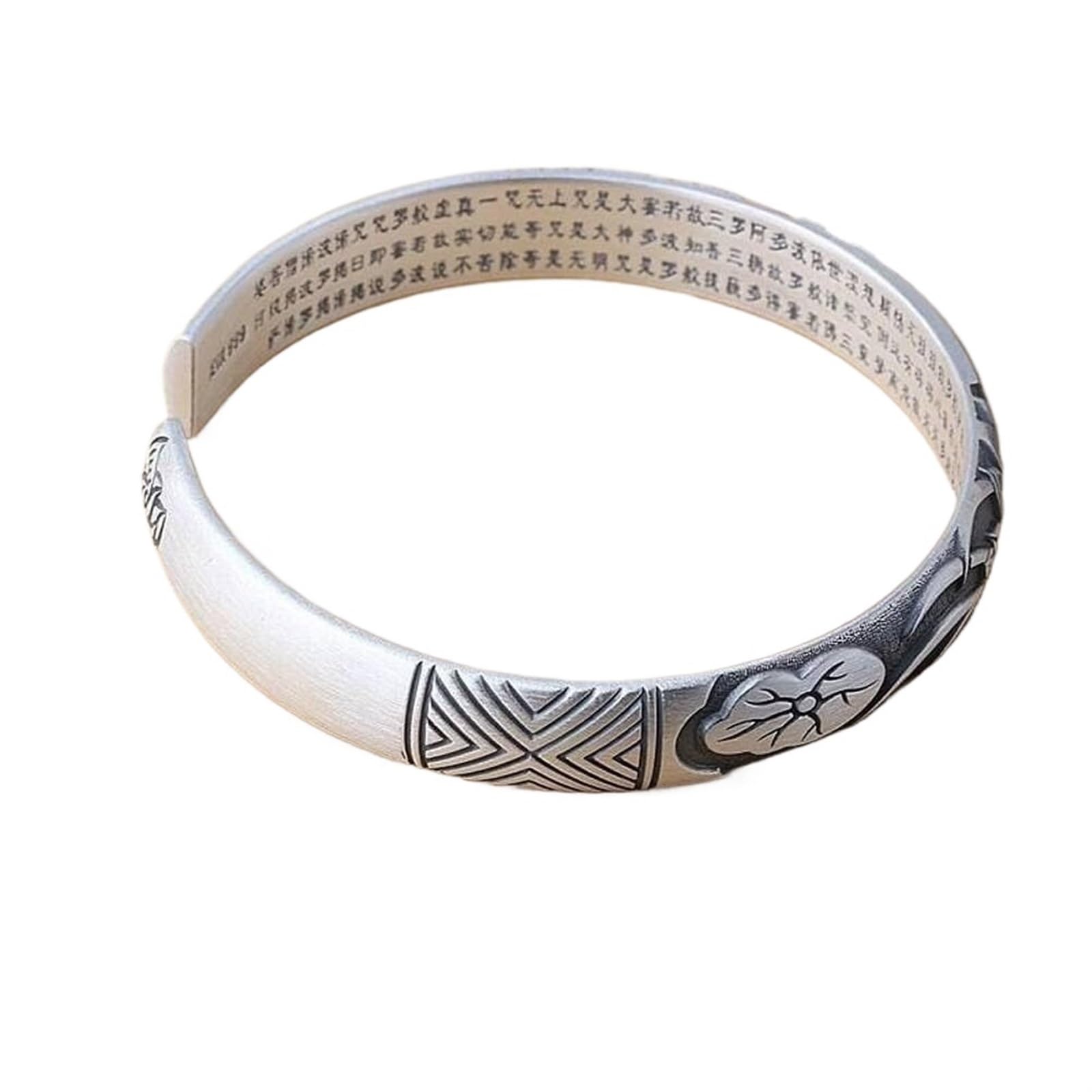 Bracciale in argento, bracciale rigido alla moda, bracciale rigido in argento 999 opaco con goffratura Bracciale aperto con fiori femminili Bracciale con detti buddisti antichi confezionato in scatola