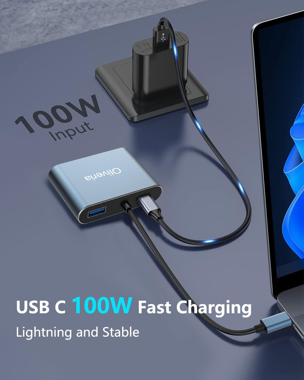 Oliveria Adaptateur multiport USB C 4 en 1 4K @ 30 Hz - HDMI VGA Thunderbolt 3, PD 100 W - Port USB 3.0 pour MacBook/MacBook Pro/Air, Chromebook, Dell, HDTV, Galaxy