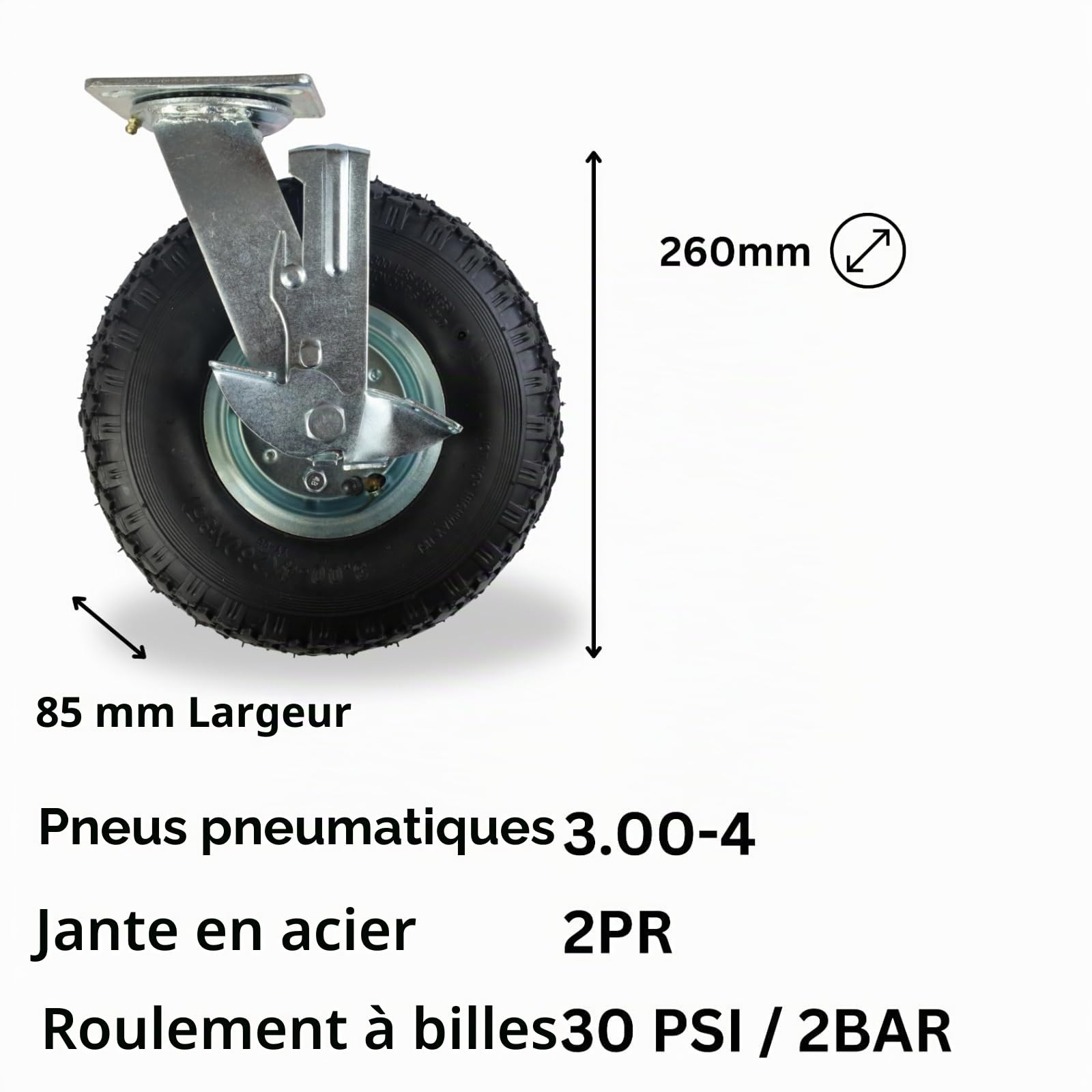FROSAL Lot de 2 roulettes pivotantes avec frein 260 mm Roulettes de transport pneumatiques pour palettes