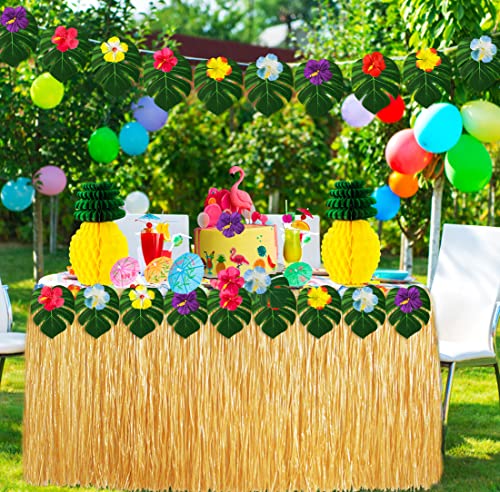 Garma 135 Pcs Luau Party Decoration Set Hawaiian Tropical Including 9 feet Hawaiian Luau Grass Table Skirt, Hawaiian Flowers, Palm Leaves, Multicolored Umbrellas, Paper Pineapple, Pineapple Décors