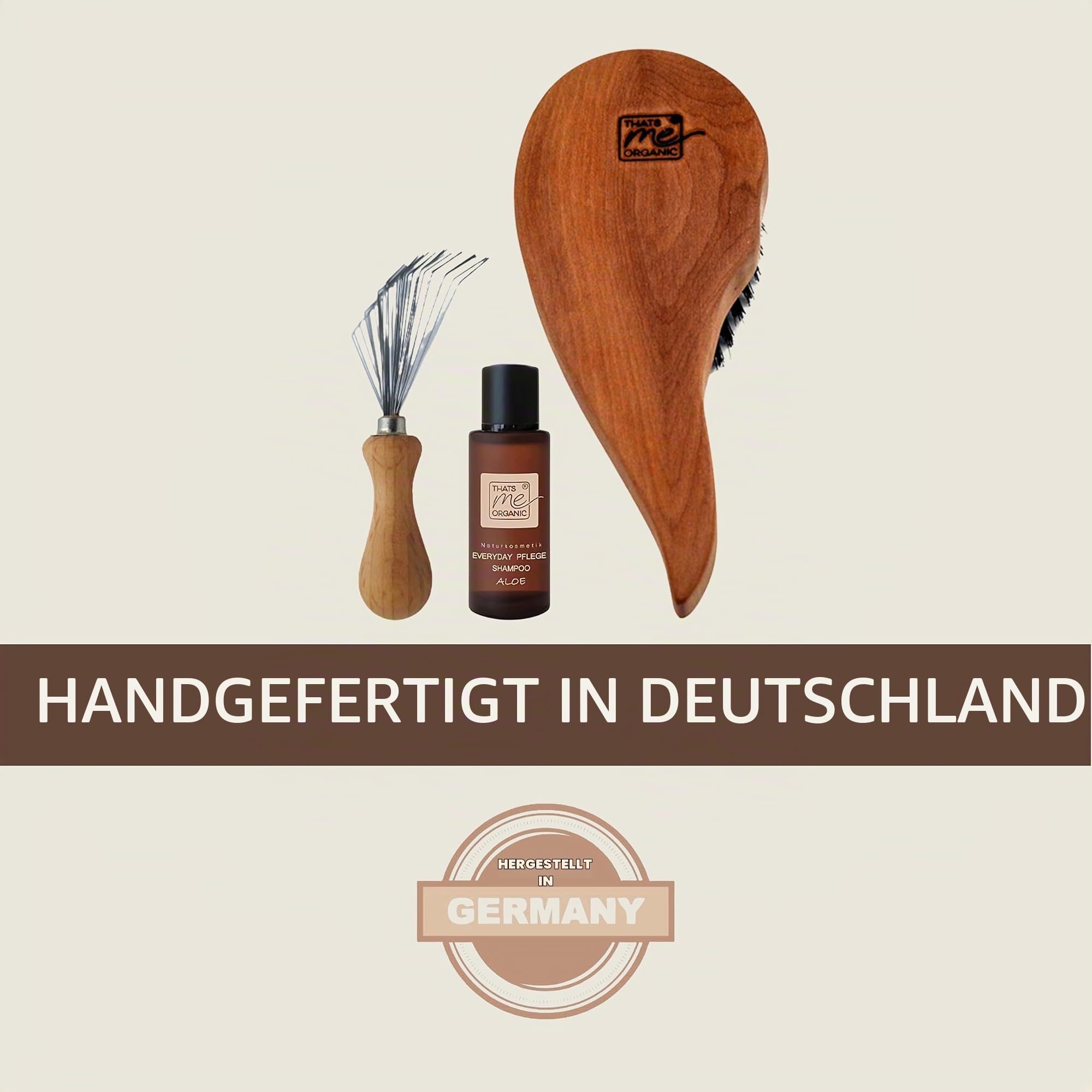 Thats me organic Spar Set Profi Tropfenform Haarbürste "Die Außergewöhnliche" + Bürstenreiniger + 20 ml Pflege-Shampoo – Sleek Bun Bürste, Haarbürstenreiniger und mildes Shampoo
