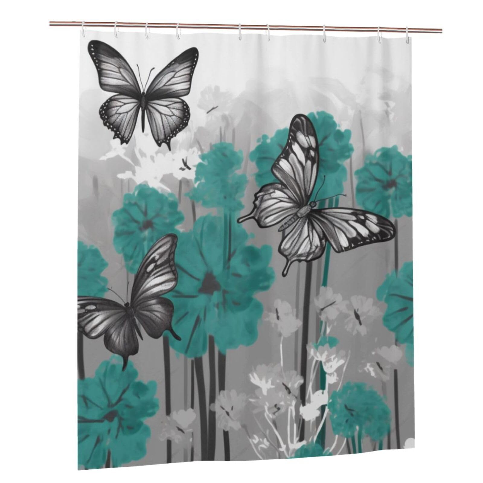 BWWHCCTI Gray Teal Flower Butterfly Printed Shower Curtain With 12 Plastic Hooks Opaque Quick Drying Waterproof Shower Curtains Sets For Bathroom 152x183 Cm