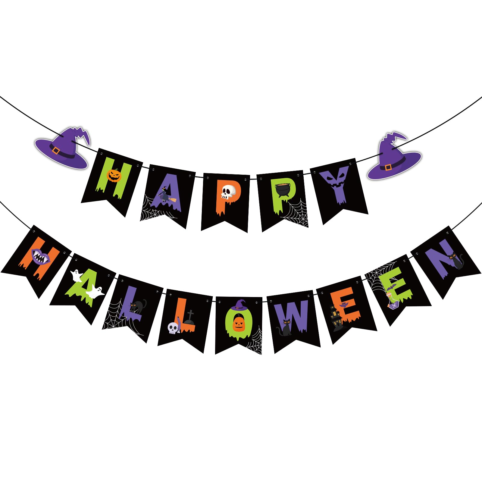 Happy Halloween Banner Decorations, Witch’s Hat Halloween Bunting Hanging Banner Outdoor Indoor for Halloween Decor Home Office Party Favor Decor Supplies All Hallows' Day