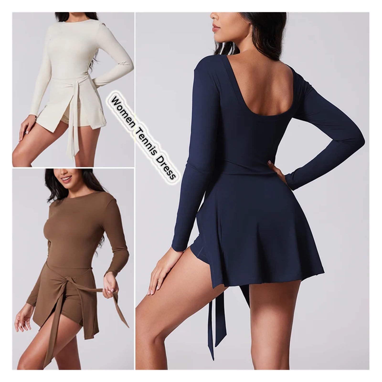 Abiti da tennis da donna Abito da tennis da donna con collo alto, maniche lunghe, gonna avvolgente, pantaloncini incorporati, abito sportivo da golf