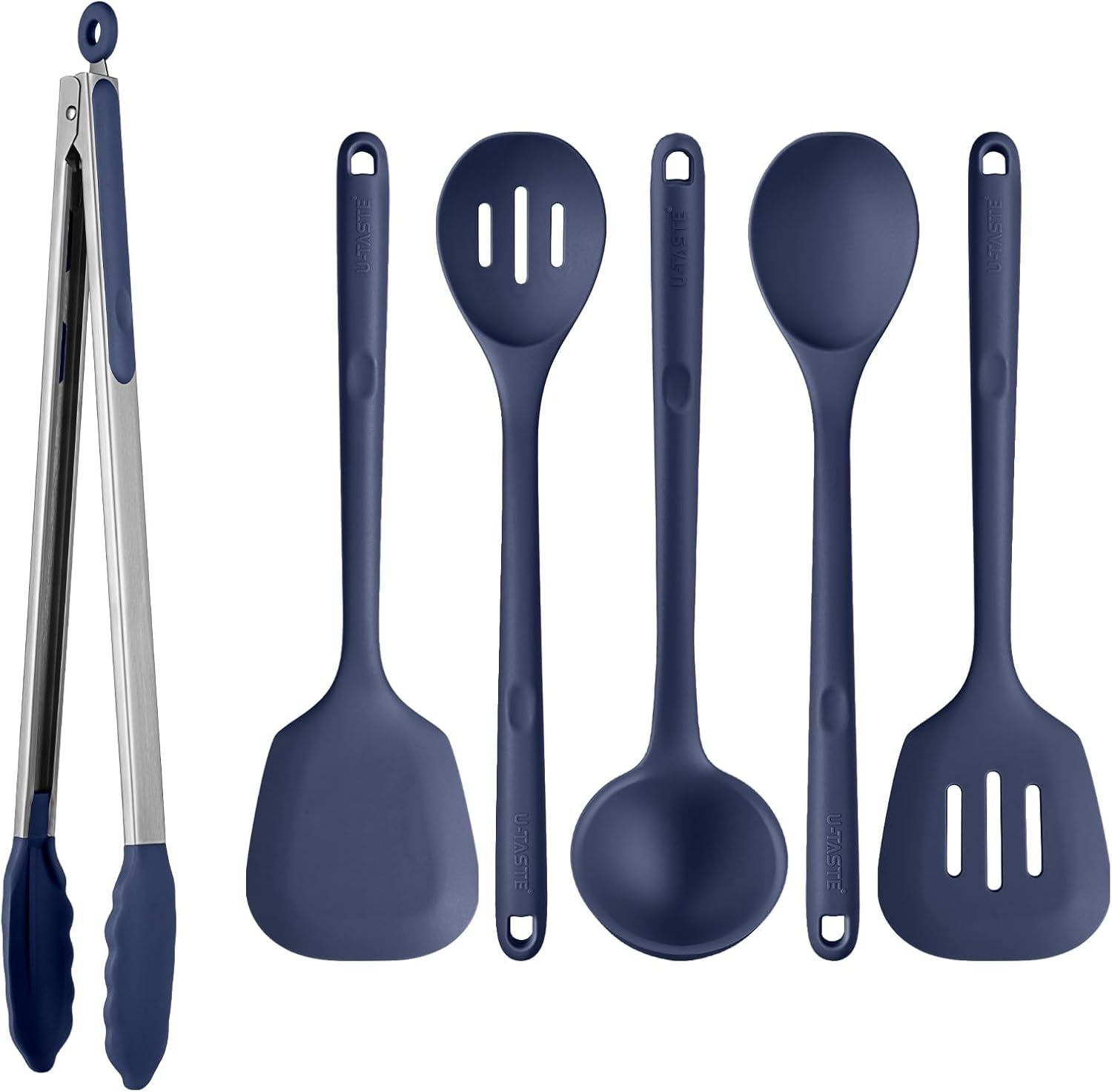 U-Taste 600℉ Heat Resistant BPA Free Non Stick Firm Cooking Tongs (16in), and 600℉ Heat Proof BPA-Free Solid/Slotted Sturdy Cooking Utensil for Non Stick Cookware (Set of 5), Midnight Blue
