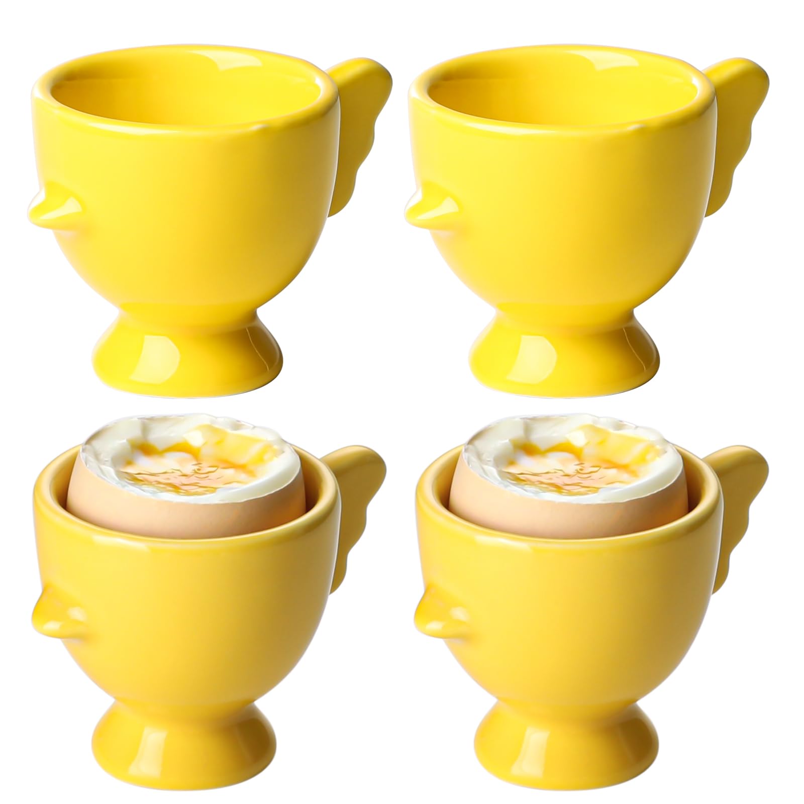 Lot de 4 coquetiers mignons en porcelaine pour petit déjeuner bouilli, support amusant pour œufs à la coque, cuisine de petit déjeuner, plateau à œufs en porcelaine jaune (4, jaune)