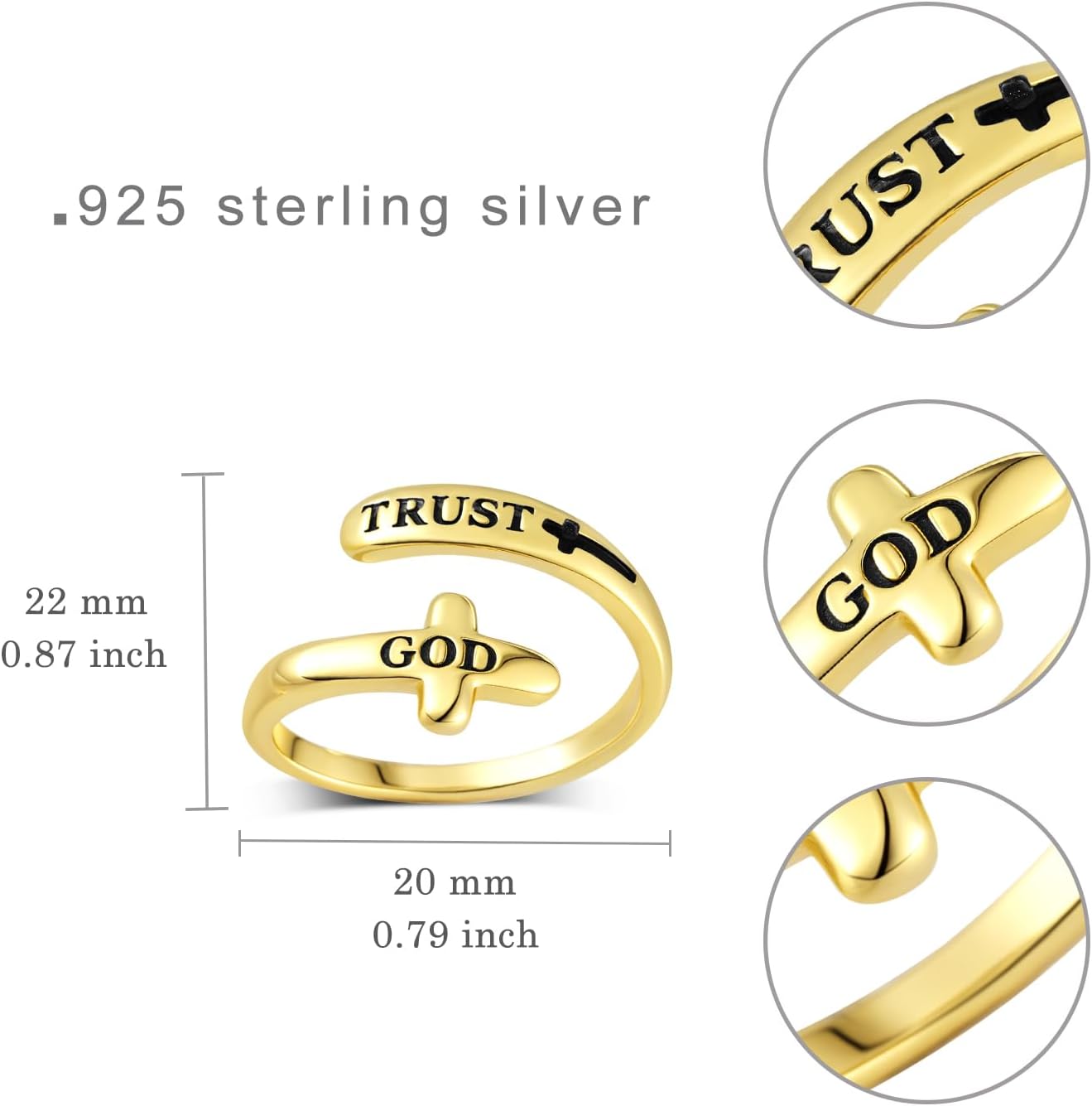 Trust God Ring 925 Sterling Silver Gold Cross Christian Rings Religious Jewelry Gift for Women - Image 6