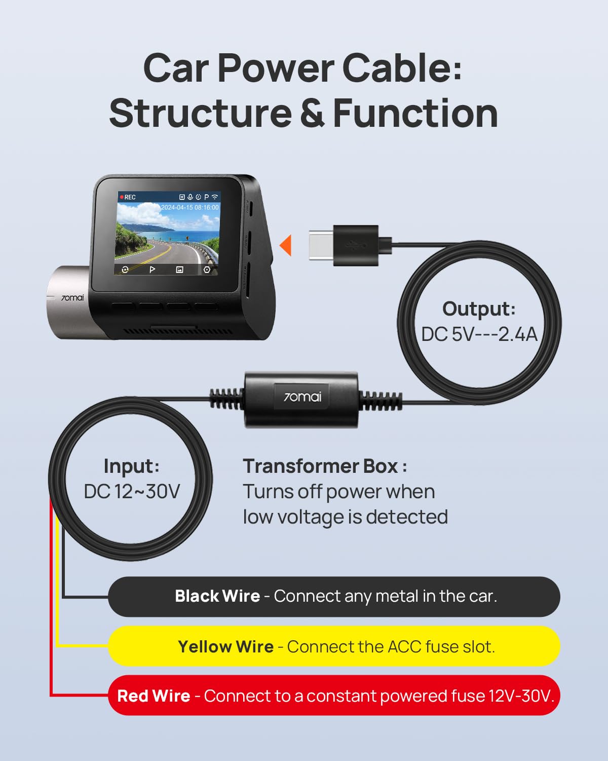 Amazon.com: 70mai Type-C Hardwire Kit UP03 for Dash Cams, 10ft
