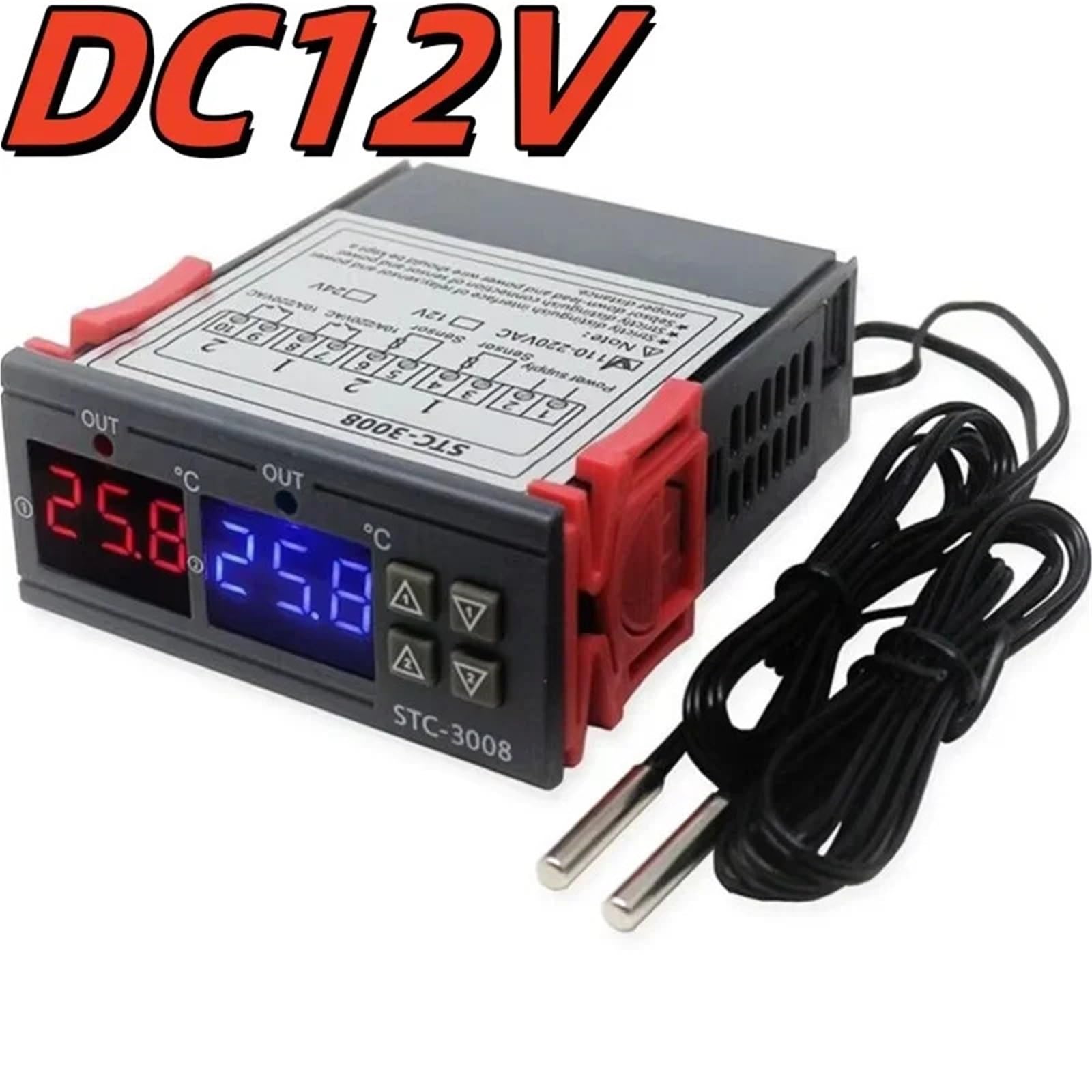 Podwójny termostat cyfrowy, regulator temperatury, przekaźnik inkubatora, 12/24 V, 220 V LED, ogrzewanie, chłodnica, podwójna sonda STC-3008 (DC12V)