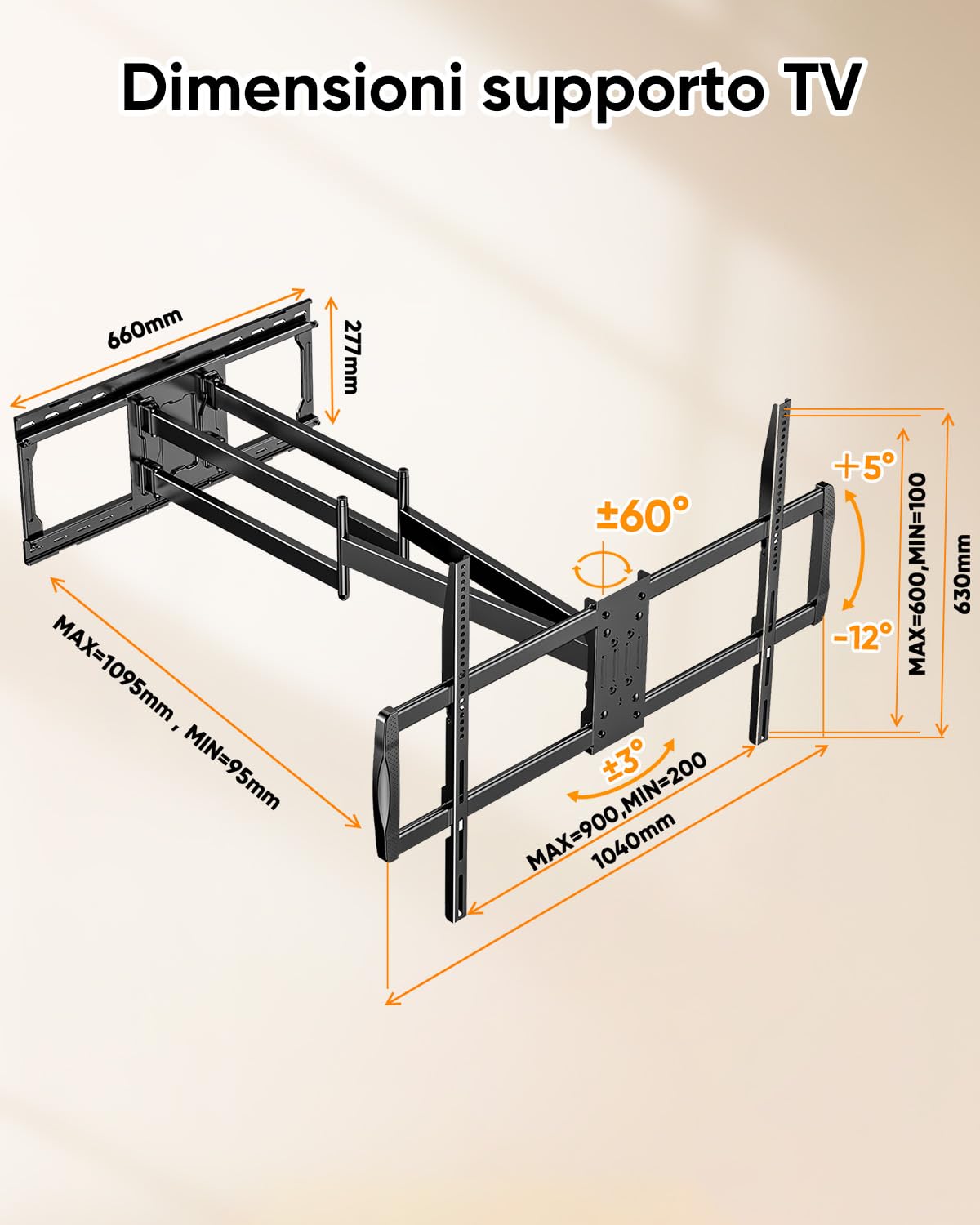 Supporto TV Parete da LED LCD 60 a 120 Pollici,Heavy-Duty XXL Staffa TV con Movimento Inclinabile ed Estendibile,Braccio TVs con Doppio Braccio Articolato Ultra Resistente 100kg VESA 900x600mm