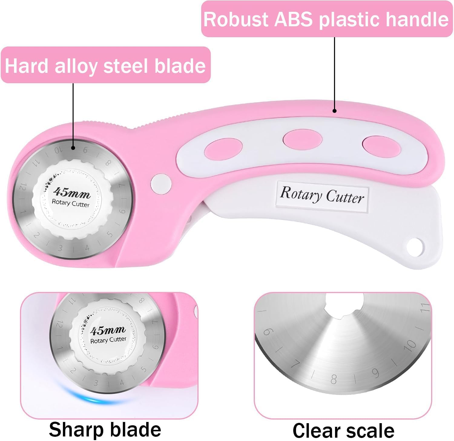 45mm Rotary Cutter for Fabric with 5pcs Extra Blades, Ergonomic Handle Rolling Cutter with Safety Lock for Fabric for Leather, Sewing, Quilting, Rotary Cutter Perfect for Left & Right Hand (Pink) - 3