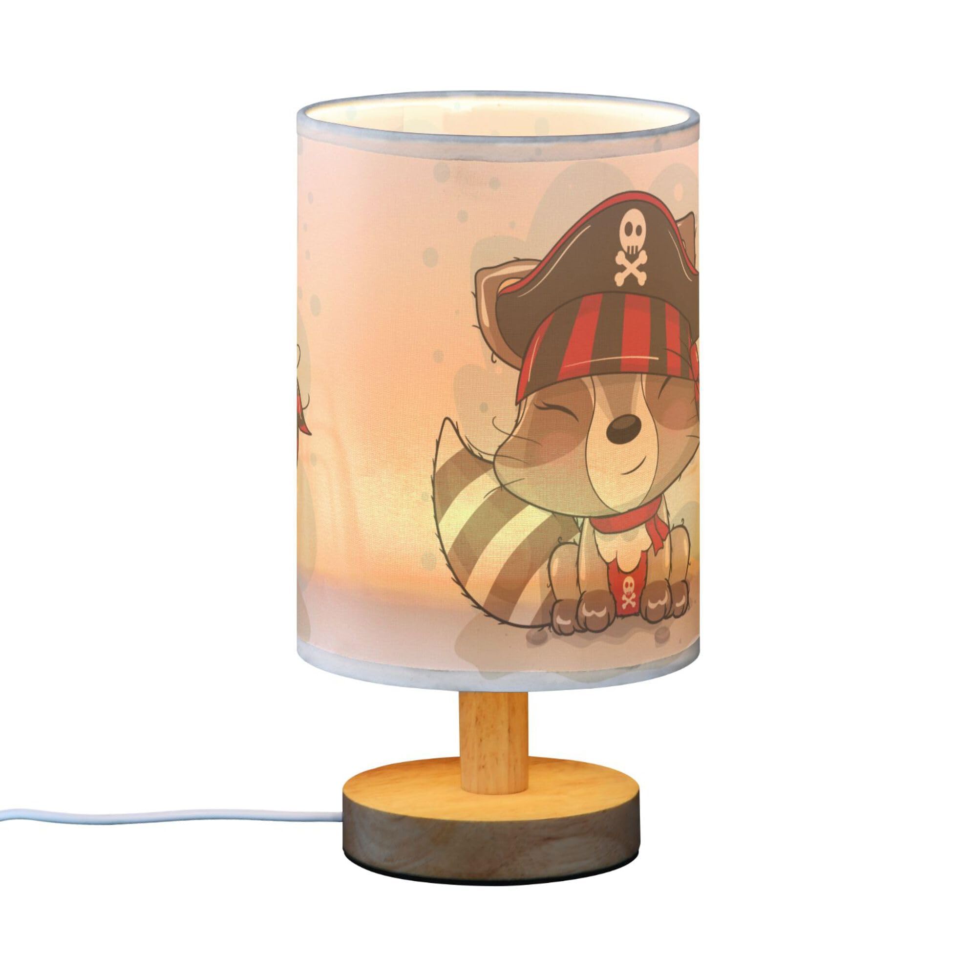 YYZZH Table Lamp Cartoon Raccoon in Pirate Hat Nightstand Lamp with Wood Base Fabric Lamp Shade Bedside Desk Lamp for Living Room Bedroom Kids Room Office