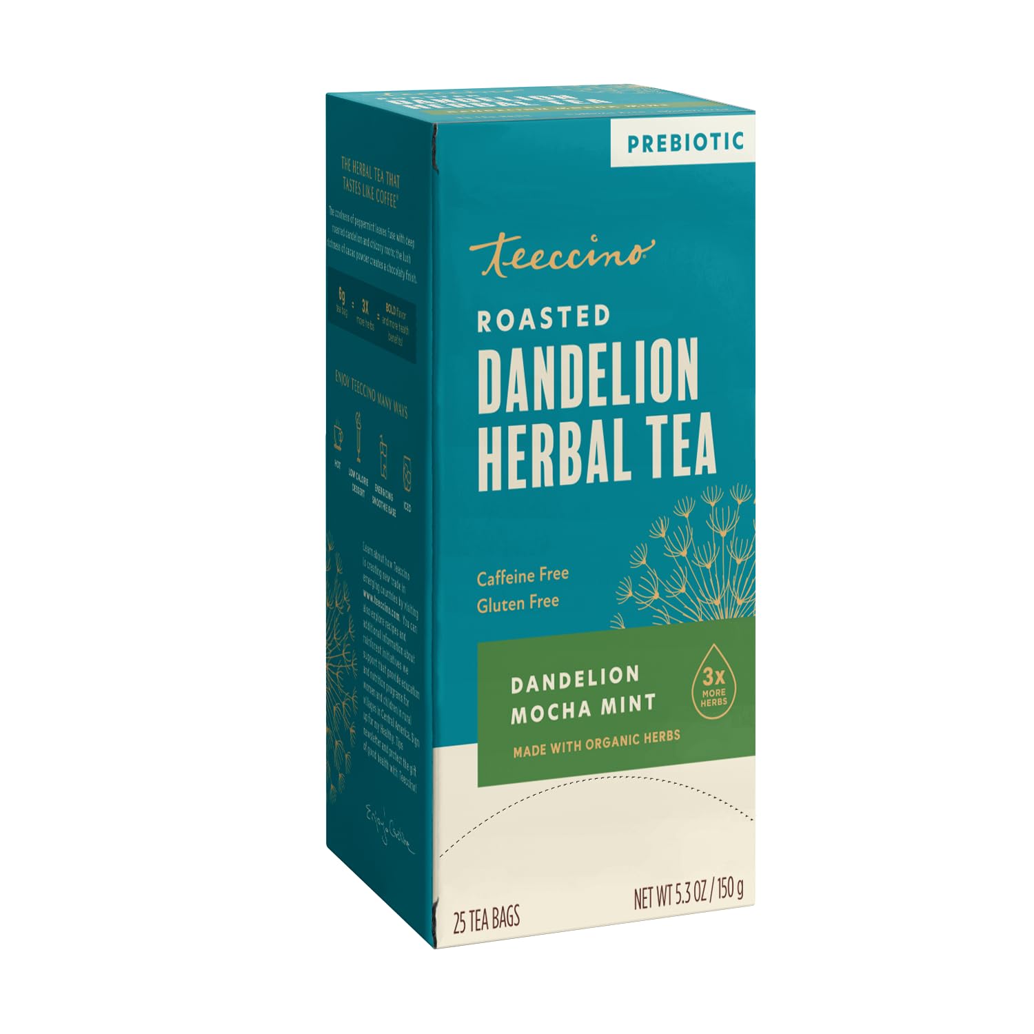 Teeccino Dandelion Root Tea - Mocha Mint - Caffeine Free, Roasted Herbal Tea with Prebiotics, 3x More Herbs than Regular Tea Bags, Gluten Free - 25 Tea Bags