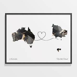 Australia to Norfolk Island Print, Norfolk Islander Marble Two Countries Map Poster, Travel Art, Faraway Love