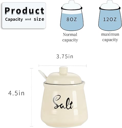 Vista 5 de HAOTOP Farmhouse - Sal de porcelana con tapa y cuchara, 12 onzas, fácil de limpiar (beige)