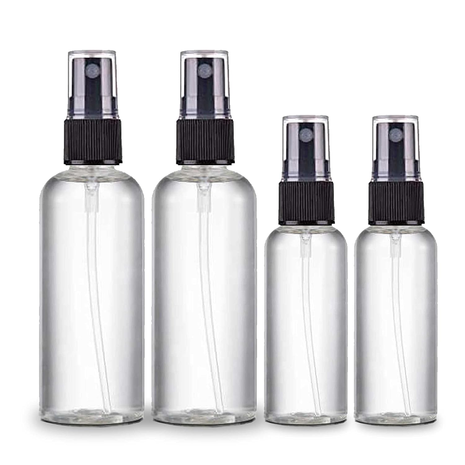 ikis Spray Bottles Clear Empty Fine Mist Plastic Mini Travel Bottle Set, Small Refillable Liquid Containers (50ml (2Nos) + 100ml (2Nos))