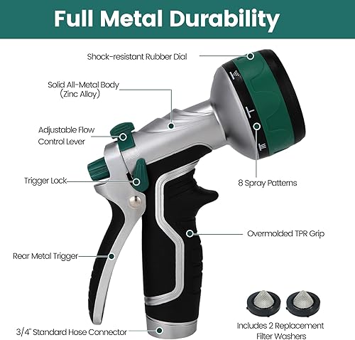 Miniatura 2 de Boquilla de manguera de jardín, boquilla rociadora de manguera de agua de metal resistente con 8 patrones de pulverización, boquilla de mano de alta