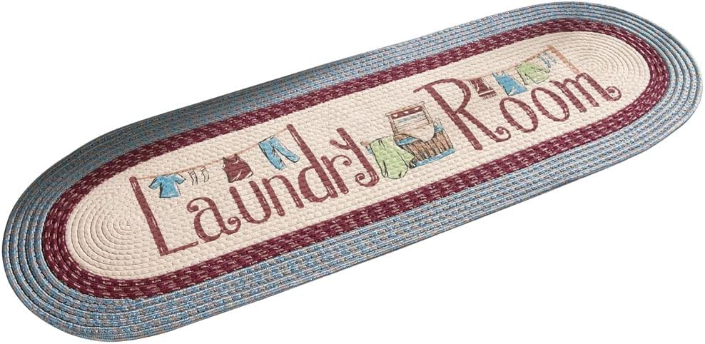 Collections Etc Braided Laundry Room Floor Runner Rug with Blue and Burgundy Border, 20" x 48", Blue