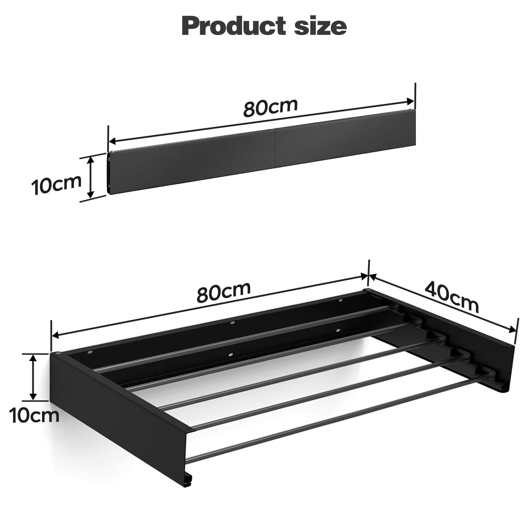 Étendoir à linge mural extensible - 80 cm - En acier inoxydable - Pliable - Noir - Charge maximale de 50 kg - Pour balcon intérieur et extérieur