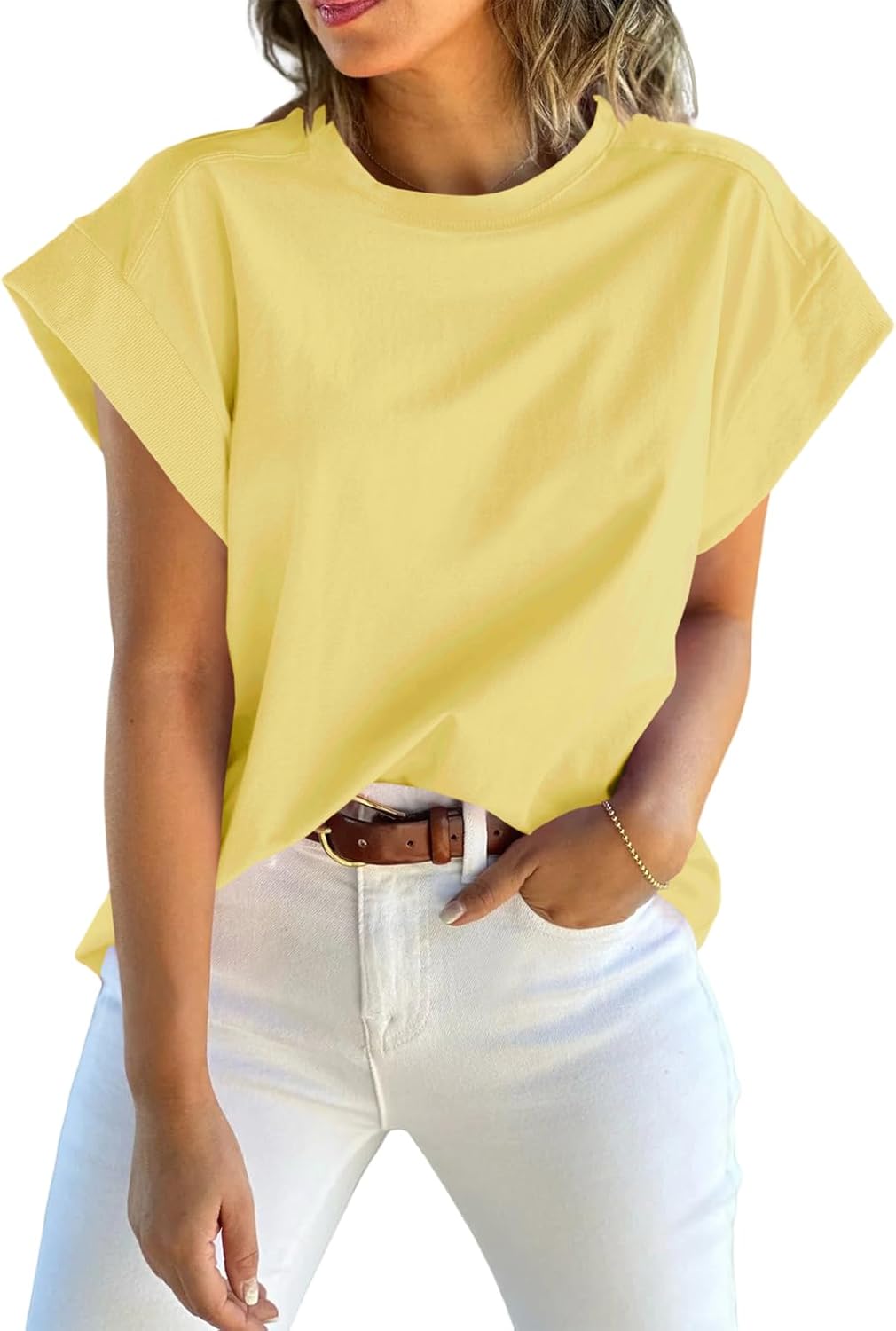 Tankaneo Womens Summer Cap Sleeve Tank Top Crew Neck Solid Casual Loose Fit Basic Tee Shirt - Image 2