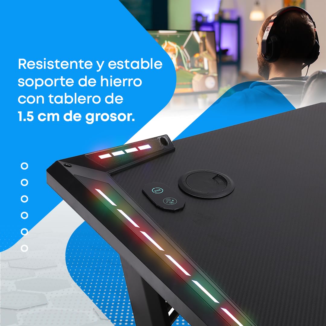 NK Mesa Escritorio Gaming con LED (120x60cm) - Portavasos y Botellas, Soporte Auriculares/Cascos, Gestión de Cables, Gaming Desk, Tabla 1.5cm (Resistencia) Peso Máximo 100kg (Blanco)