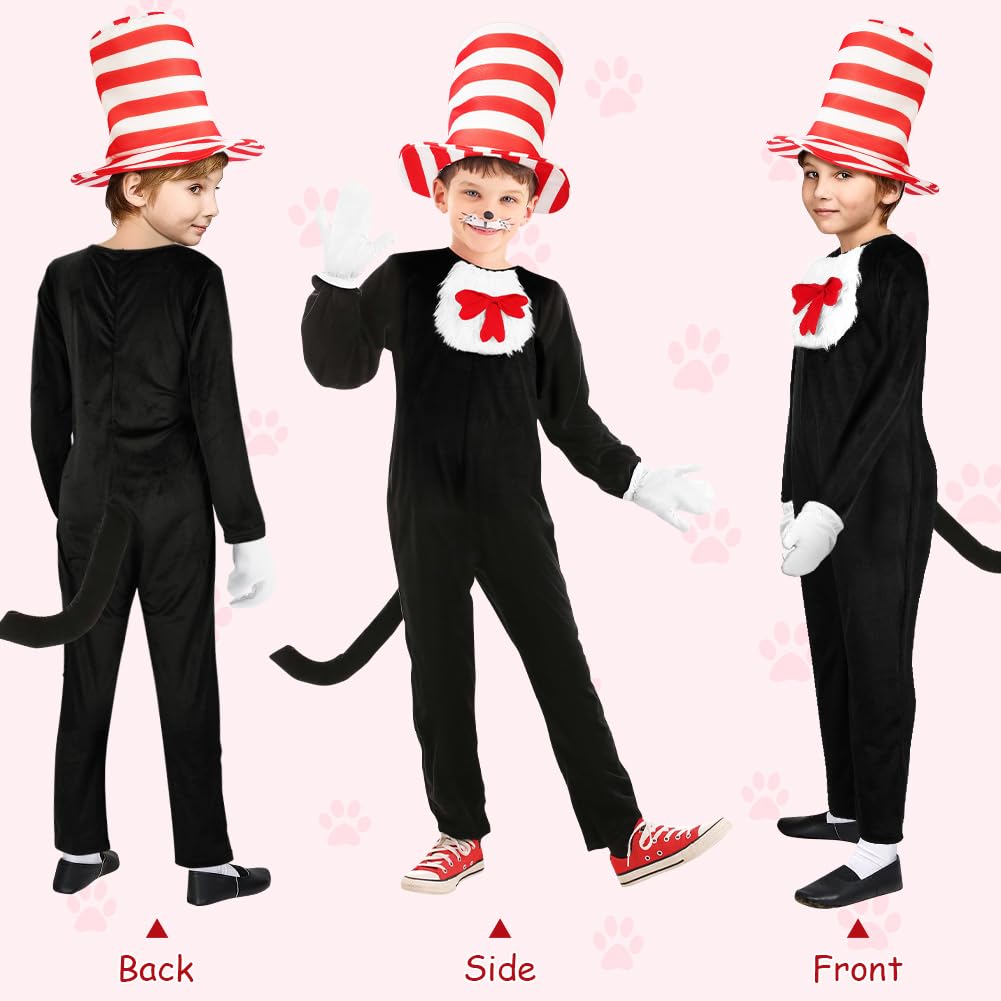 AUYAO Children's Dr. Seuss Cat in the Hat Costume - 3 Pcs Crazy Cat Fancy Dress Jumpsuit for Kids World Book Day & Halloween - Image 4
