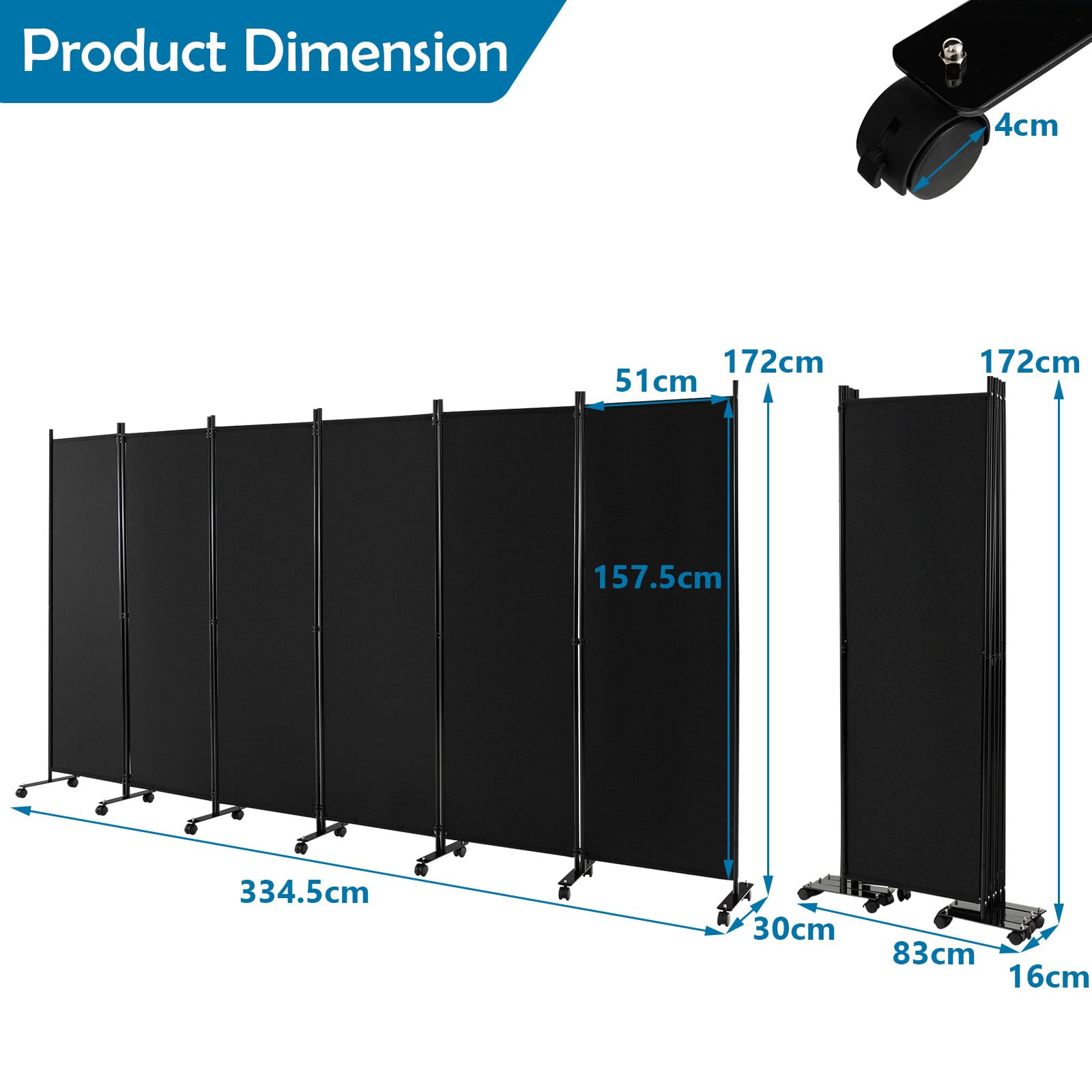 LIFEZEAL Biombo Plegable de 6 Paneles para Interior y Exterior, Divisor de Pie con 14 Ruedas, Pared Tabique, Estructura Metálica, Protección de la Intimidad, Separador de Espacios (Negro)