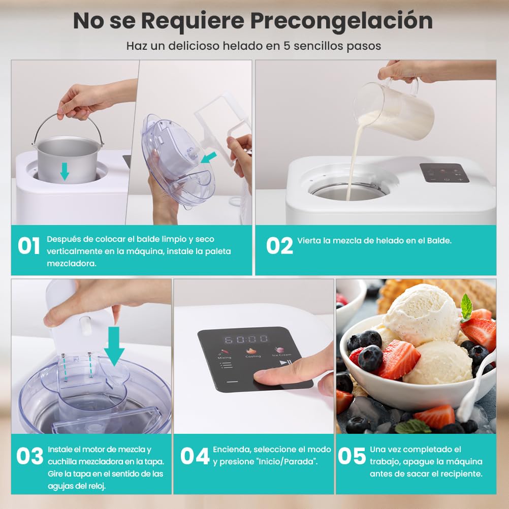 Máquina Para Hacer Helados con Compresor 1,2L, Heladera Eléctrica, Heladera Profesional, 110W, Pantalla Táctil, Cubo de Aluminio Extraíble, Receta & Cuchara, No Requiere Precongelación