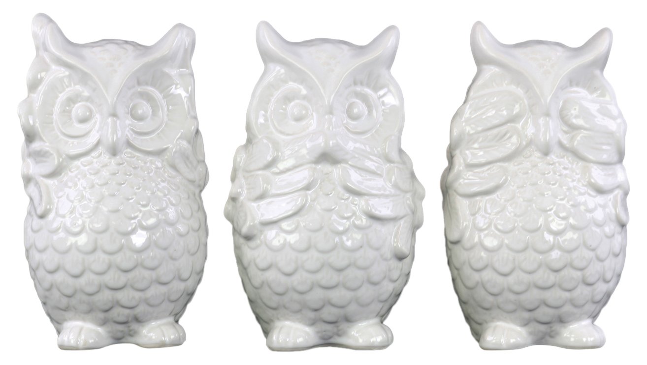 Urban TrendsCeramic Standing Owl No Evil (Hear/Speak/See) Figurine Assortment of Three Gloss Finish White, White/Champagne