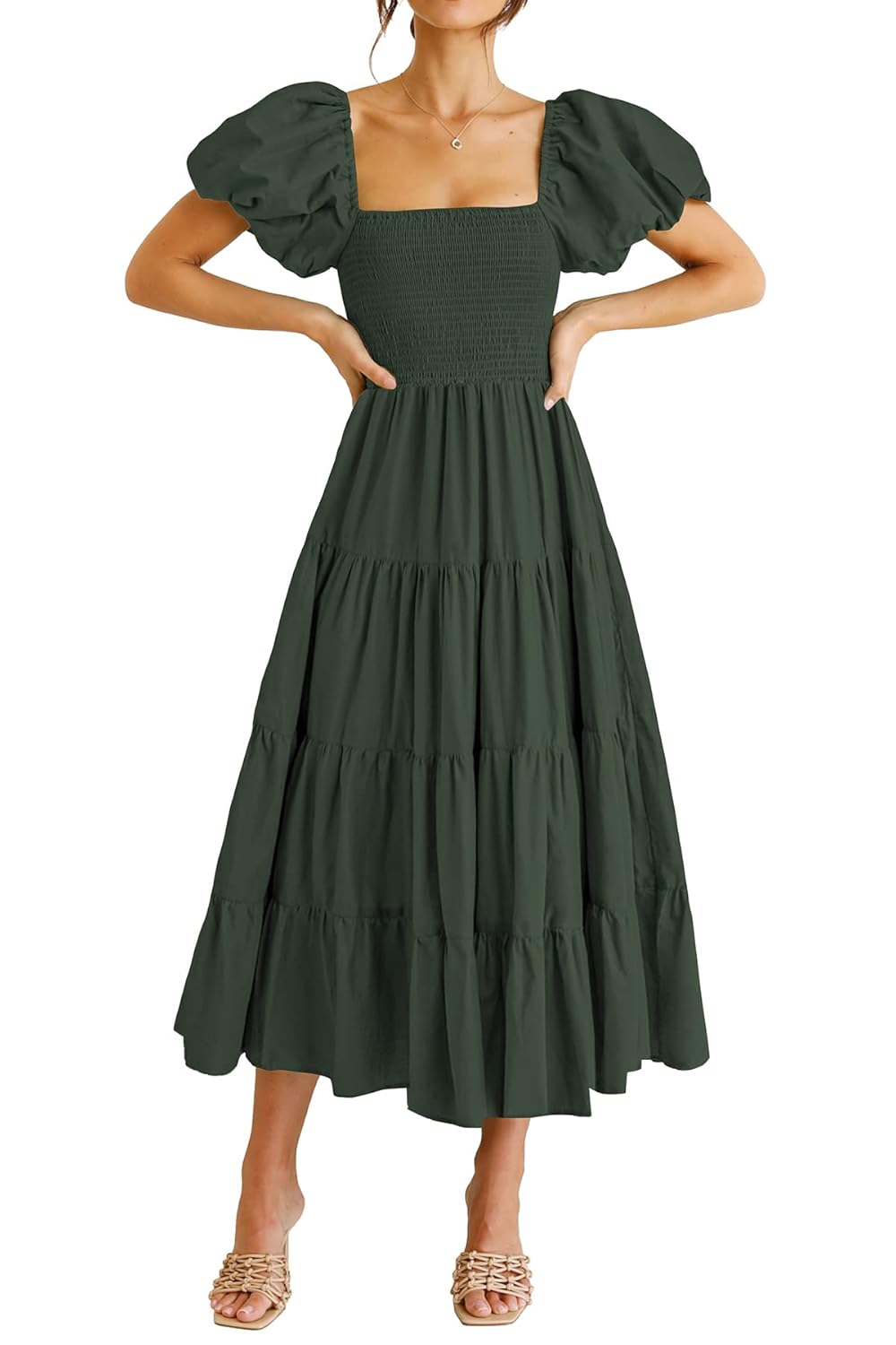 PRETTYGARDEN Women Casual Summer Short Sleeve Square Neck Smocked Layered Ruffle Midi Dress PRETTYGARDEN Women Casual Summer Short Sleeve Square Neck Smocked Layered Ruffle Midi Dress