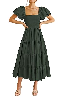PRETTYGARDEN Women's Casual Summer Midi Dress Puffy Short Sleeve Square Neck Smocked Tiered Ruffle Dresses