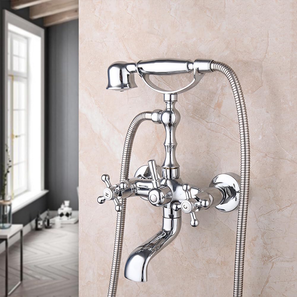 Grifo De Bañera Latón Dos Mandos Grifo De Ducha Con Ducha De Mano Retro Antique Estilo Montaje En Pared Mezclador De Baño Y Ducha, 150 Cm Manguera, Cromado