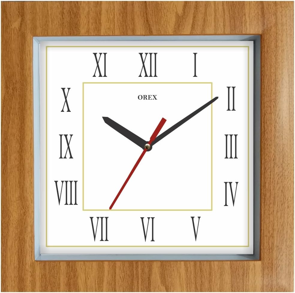 OREX Plastic Modern Stylish Square Shape Analog Wall Clock with Glass for Home/Kitchen/Living Room/Bedroom/Office -with Wooden Shade Ring (OC-063)