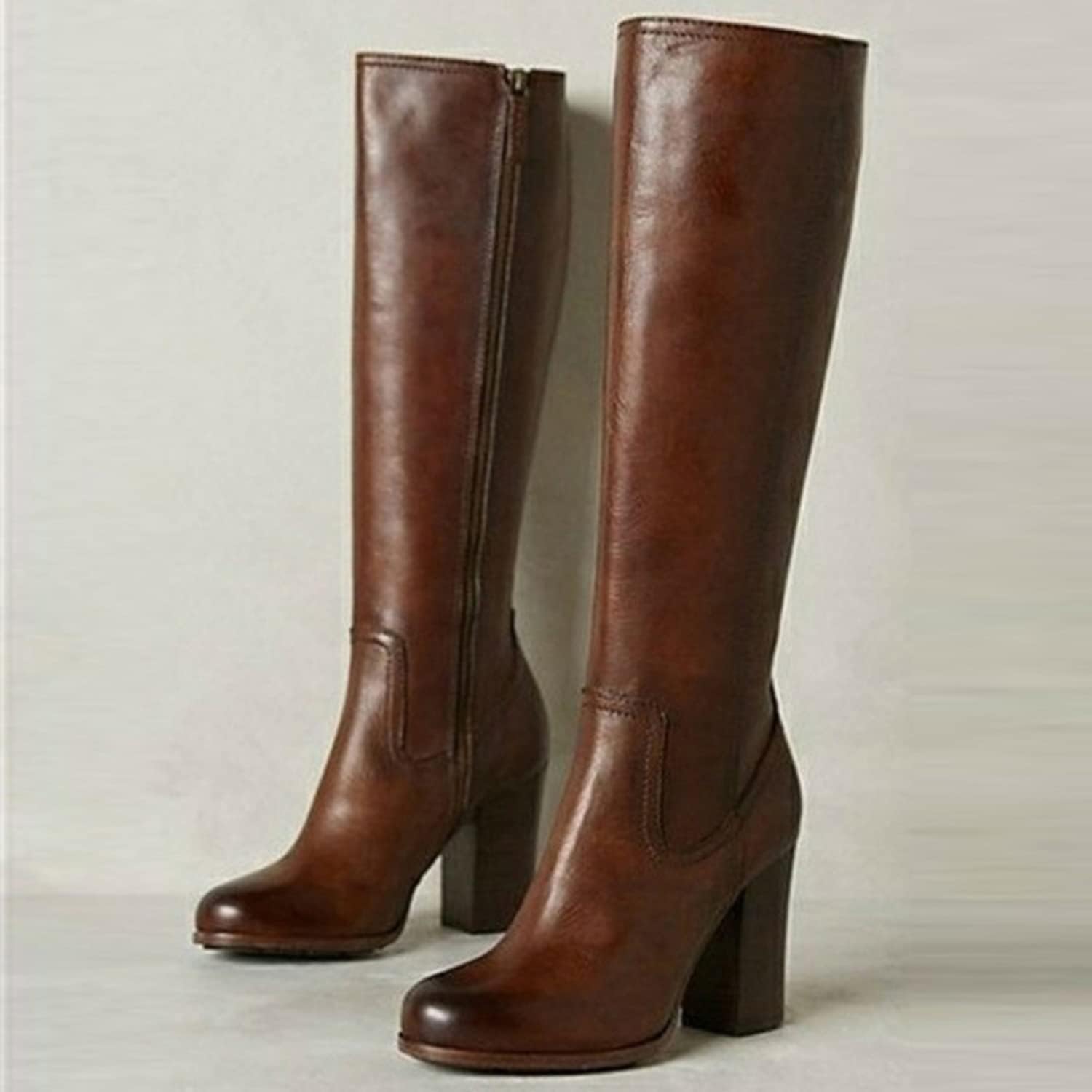 Stivali alti al ginocchio da donna Stivali lunghi con cerniera laterale in pelle PU marrone con tacco grosso Punta tonda Stivali lunghi autunno inverno Grandi scarpe/M/37EU