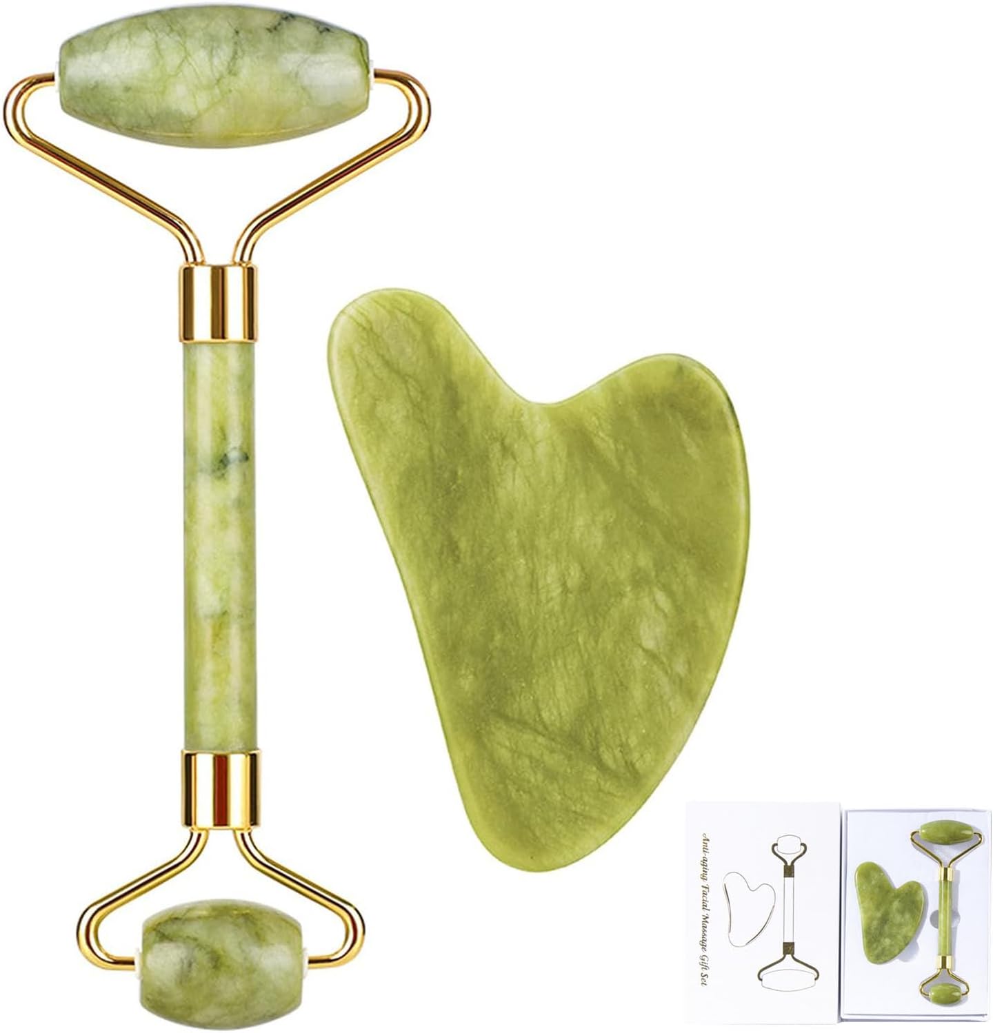 Facial Jade Roller Set, Face Gua Sha Tool with Gift Box for Women Men, Facial Body Eyes Neck Massager Tools for Beautiful Skin Detox, Green Stone Massage Roller for Skin Care