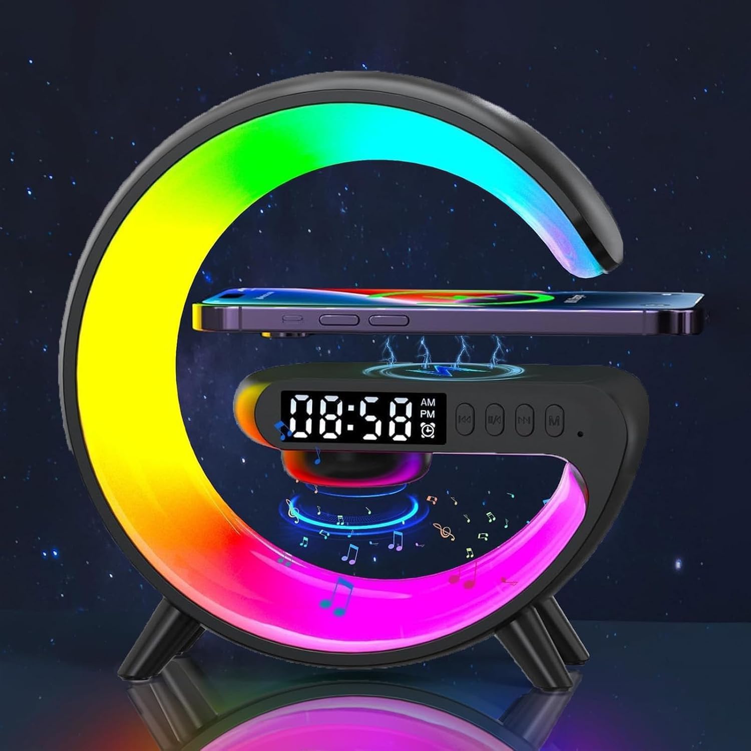 Wireless Speaker, G Shape Table Lamp,Atmosphere Night Light with Wireless Charging Function, Bedside Lamp with Alarm Clock & Charging Function,Gifts