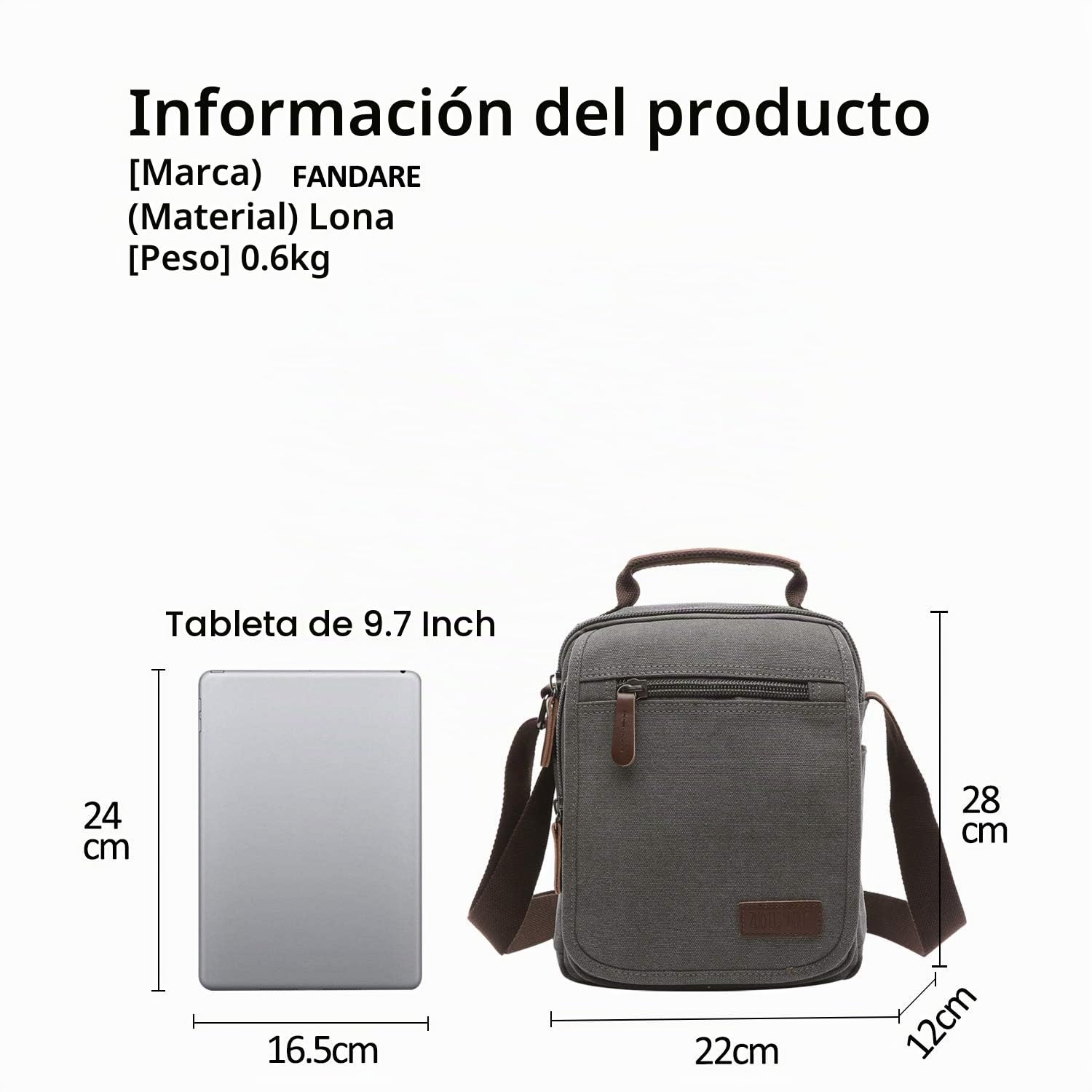 FANDARE Bolsos Bandolera a Hombro de Lona Mensajero Bolso para Hombres Mujeres Messenger Bolsa Bolsa de Viaje Crossbody Bag para Trabajo Viajar Colegio Shopper Gris