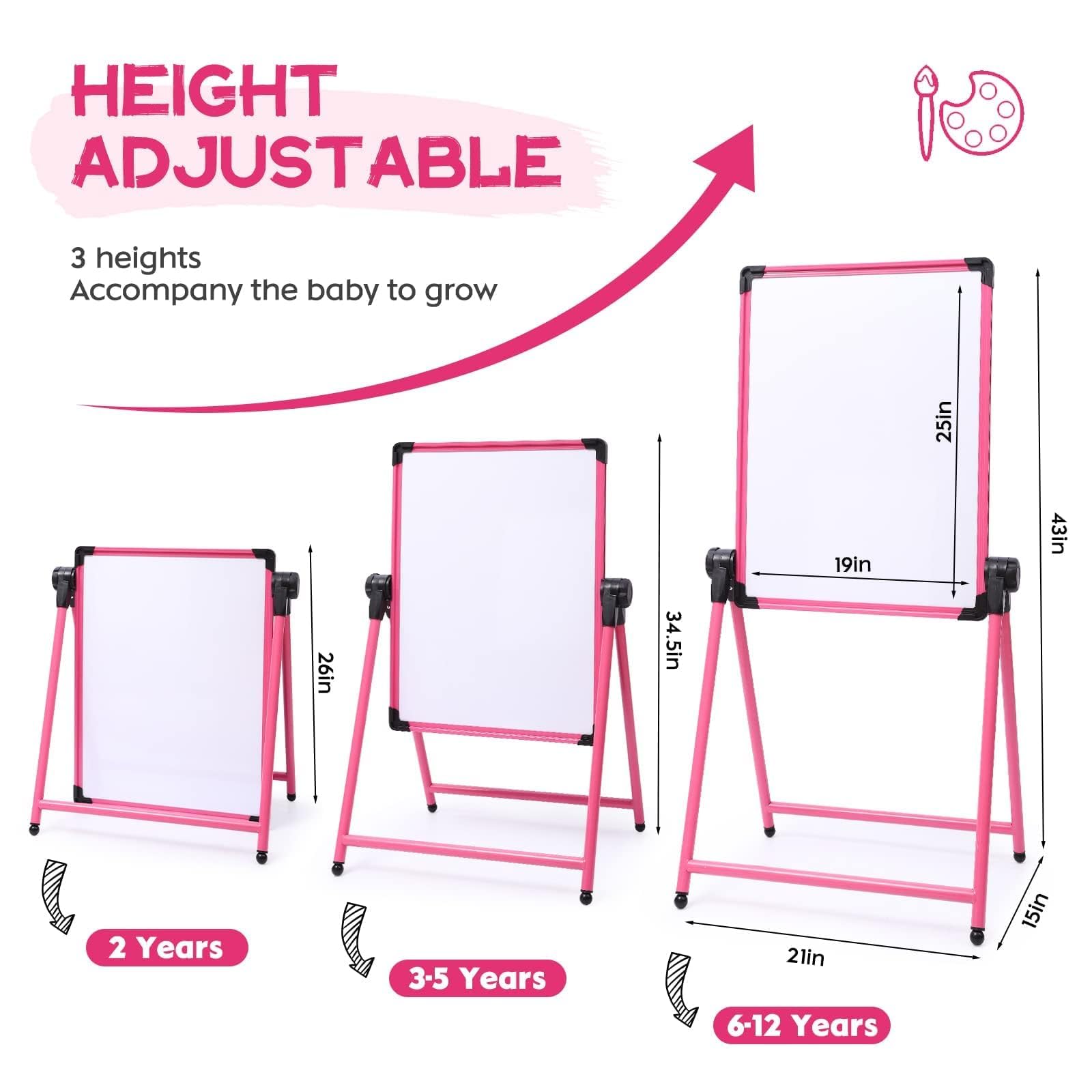 Caballetes para Niños, Pizarra Para Niños,Pizarra con Caballete,Pizarra Caballete Infantil de Doble Cara con Altura Ajustable & Giratoria 360°(Rosa)