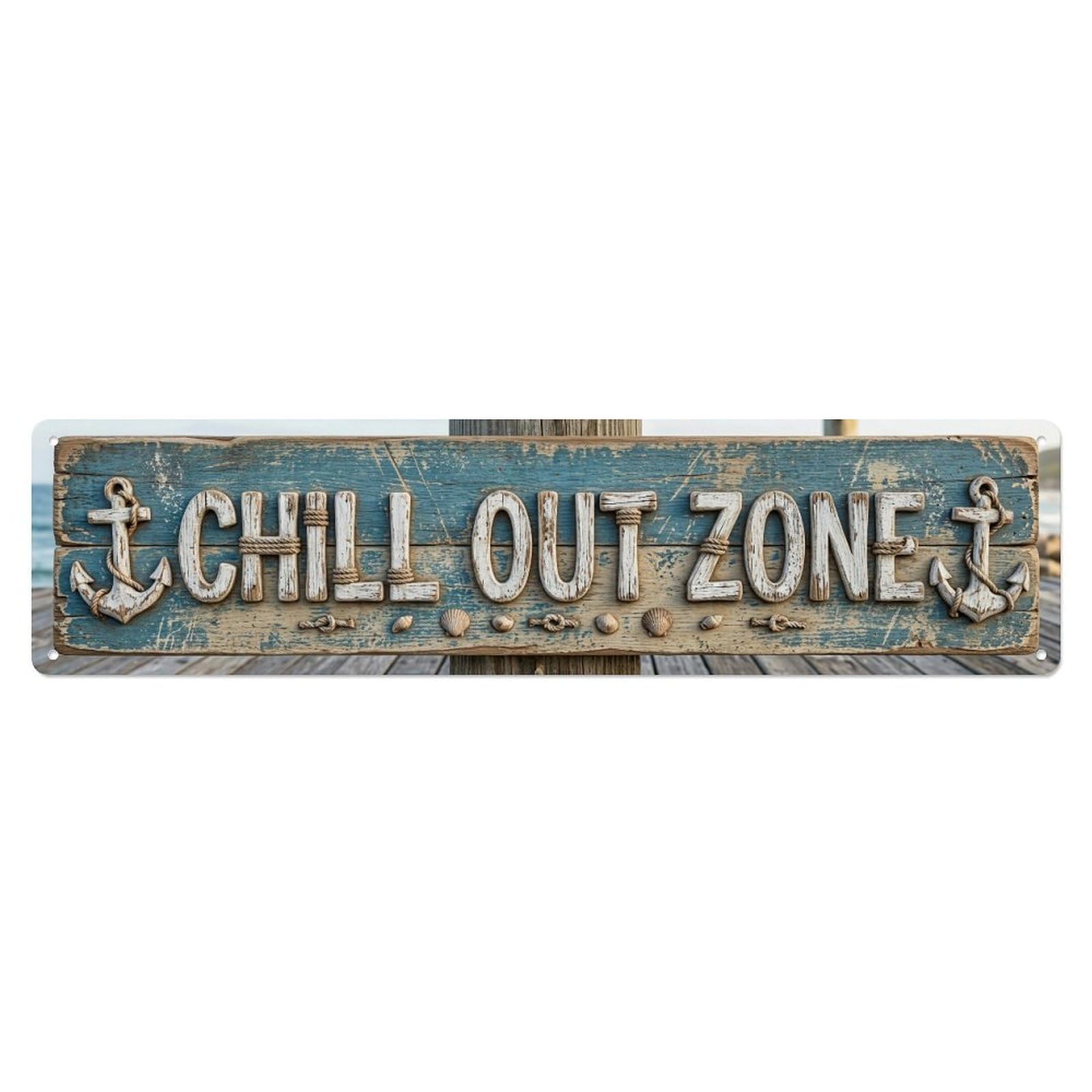 Chill Out Zone Faded Deck Metal Tin Skinny Sign Plaque Wall Decor for Cafe, Club Bar, Office, Home Garden Metal Poster 4x16Inch