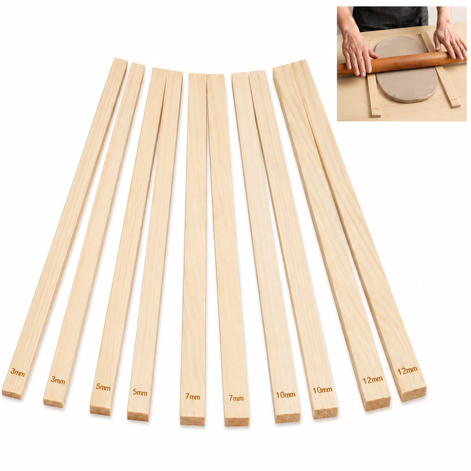 10 Pieces Pottery Rolling Pin Guides, 5 Sizes 3/5/6/7/10 mm Wooden, Thickness Guide for Polymer Clay & Pottery, Mud Stick for Precise Control, Ideal for Potters