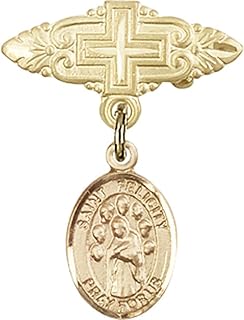 14kt Yellow Gold Baby Badge with St. Felicity Charm and Badge Pin with Cross 1 X 3/4 inches